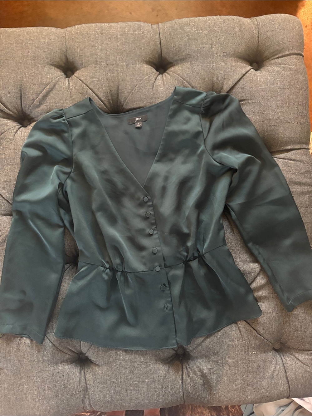 J. Crew Forest Green Satin V-Neck Button Front Blouse